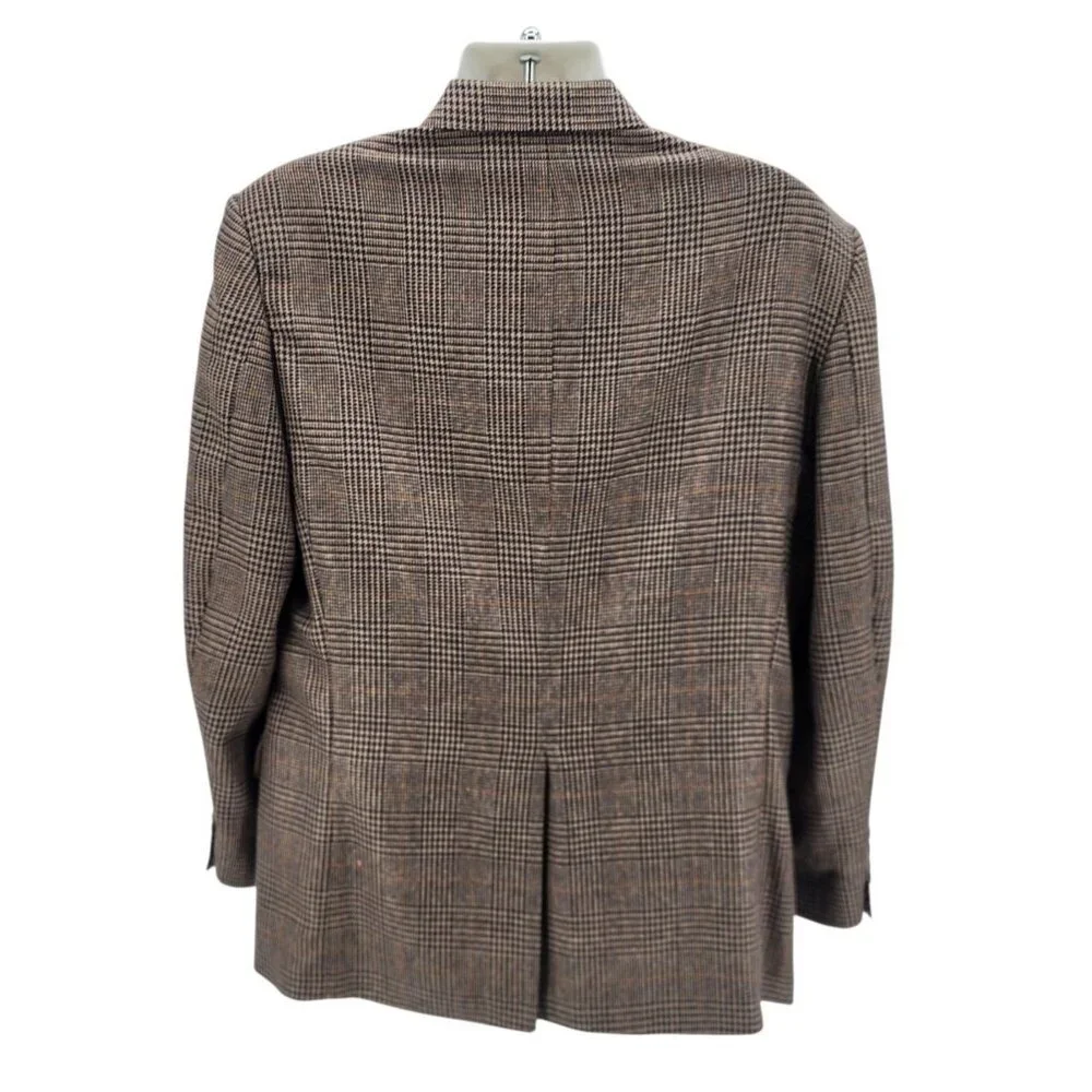 Vintage Robert Stock Mens 42R Blazer Jacket Wool Blend Houndstooth Plaid Tan
